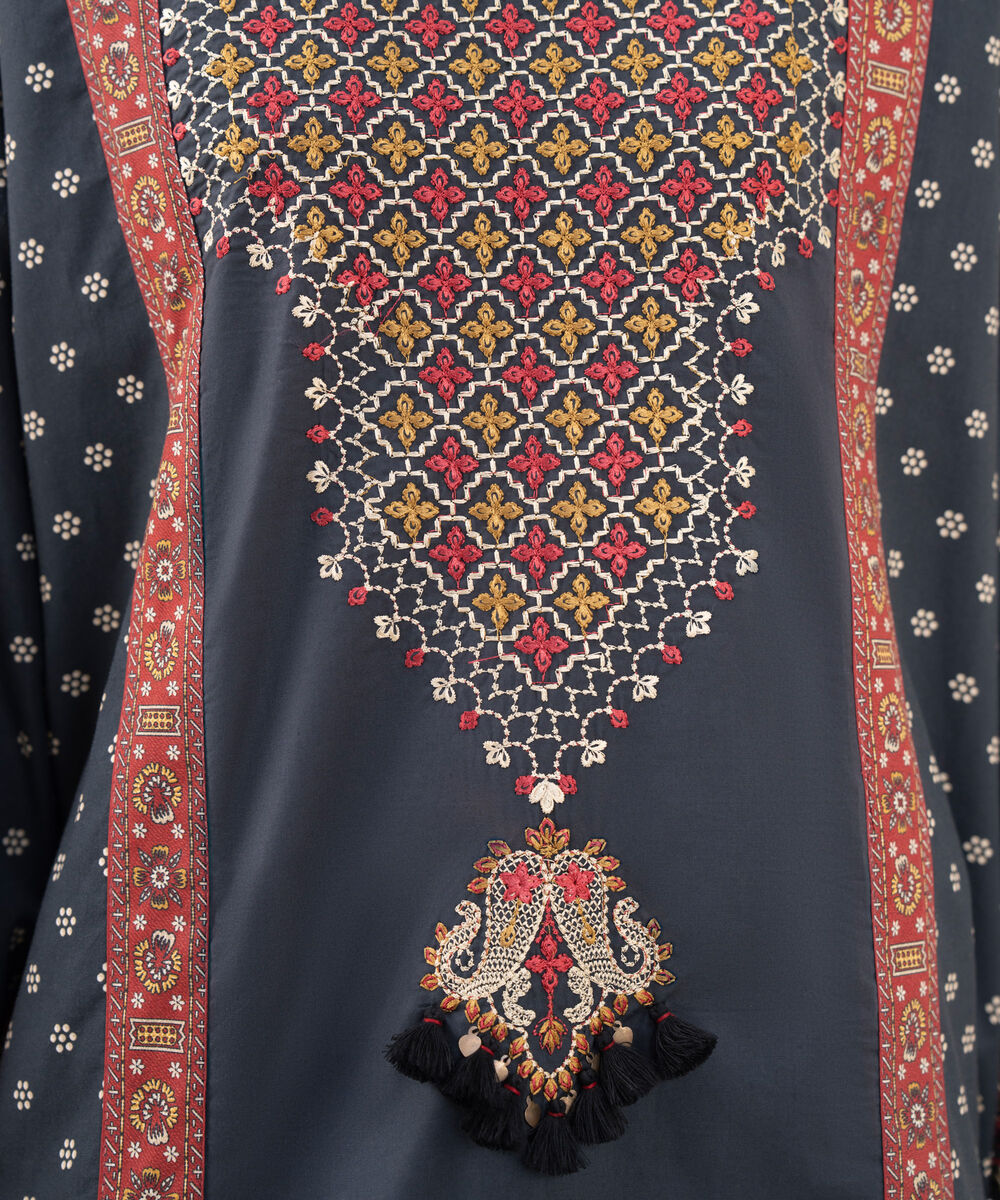 Women's RTW Cambric Black Embroidered Drop Shoulder Shirt