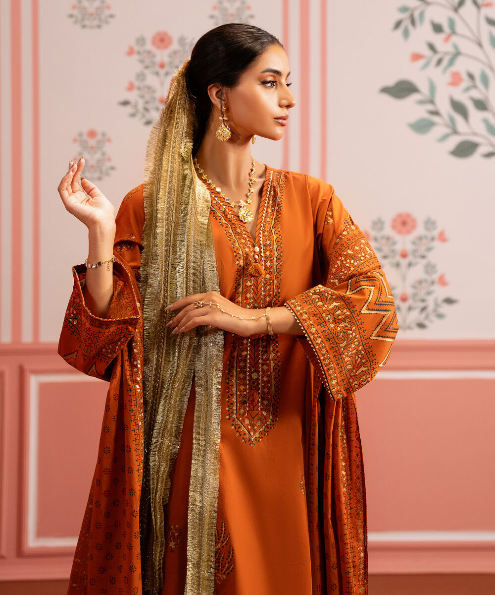 Women's RTW Lawn Orange Printed A-Line Shirt