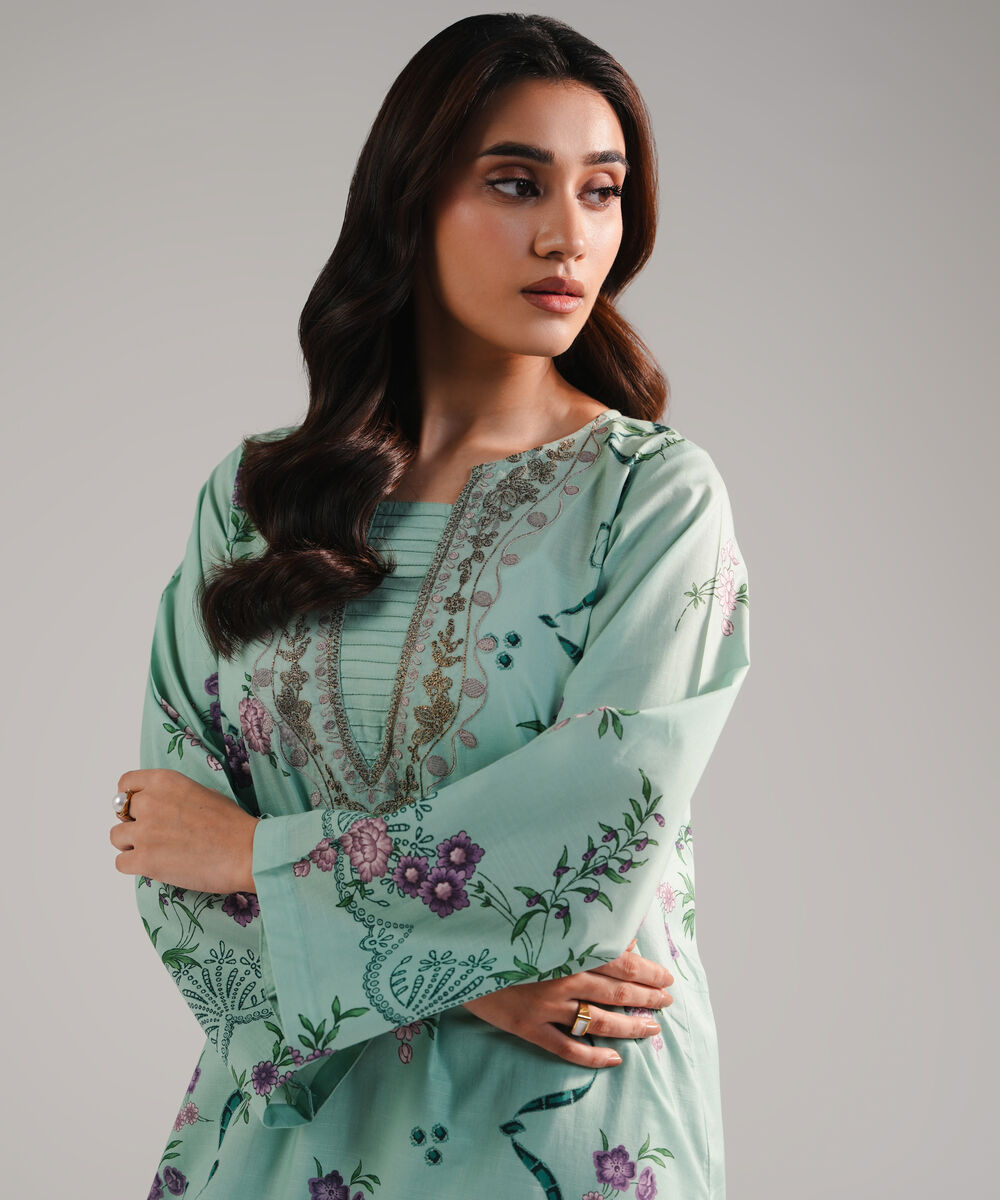 Women's RTW Slub Lawn Embroidered Green Straight Shirt