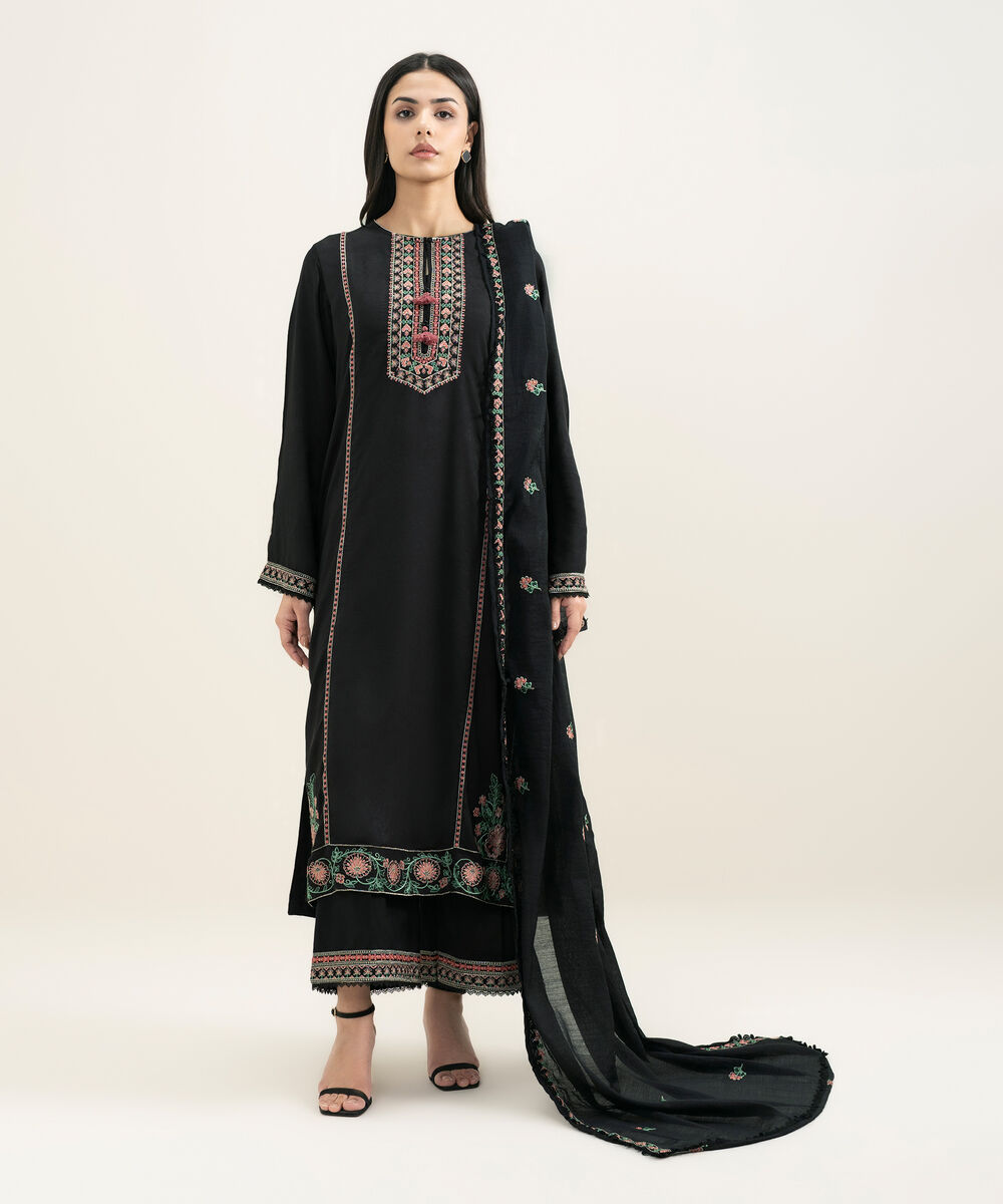 Women's RTW Arabic Self Jacquard Embroidered Black Straight Shirt