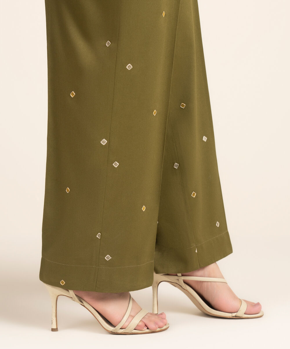 Women's RTW Viscose Marina Embroidered Olive Green Straight Pants