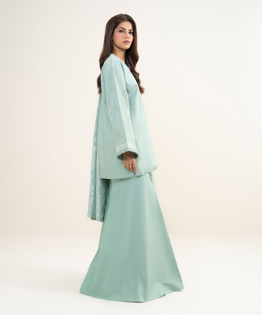 Women's Unstitched Dobby Embroidered Green 3 Piece Suit