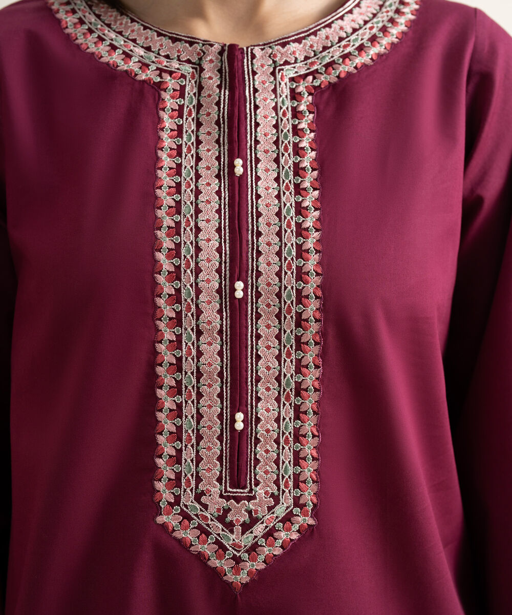 Women's RTW Cambric Embroidered Purple Straight Shirt