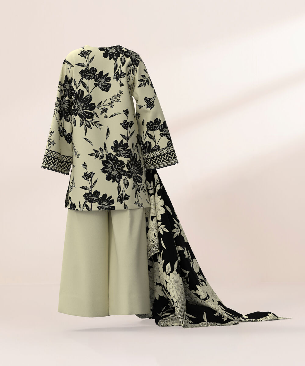 Women's Three Piece Printed Black and Off white Lawn Suit