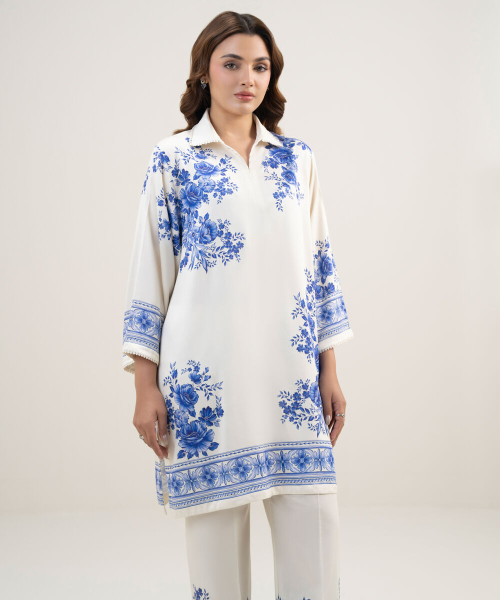 Women's RTW Dobby Printed Cream White 2 Piece Suit