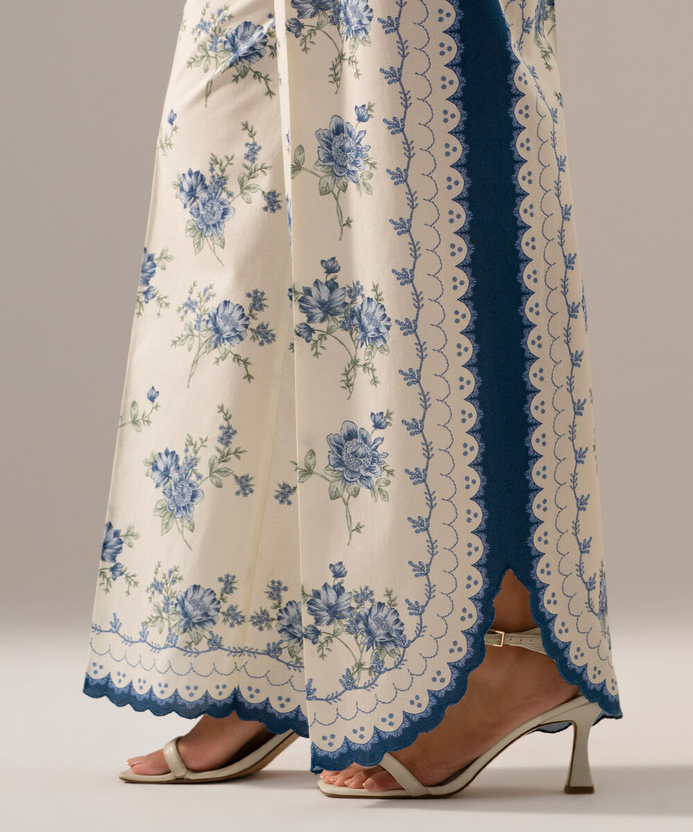 Women's RTW Cambric Printed White Flared Pants