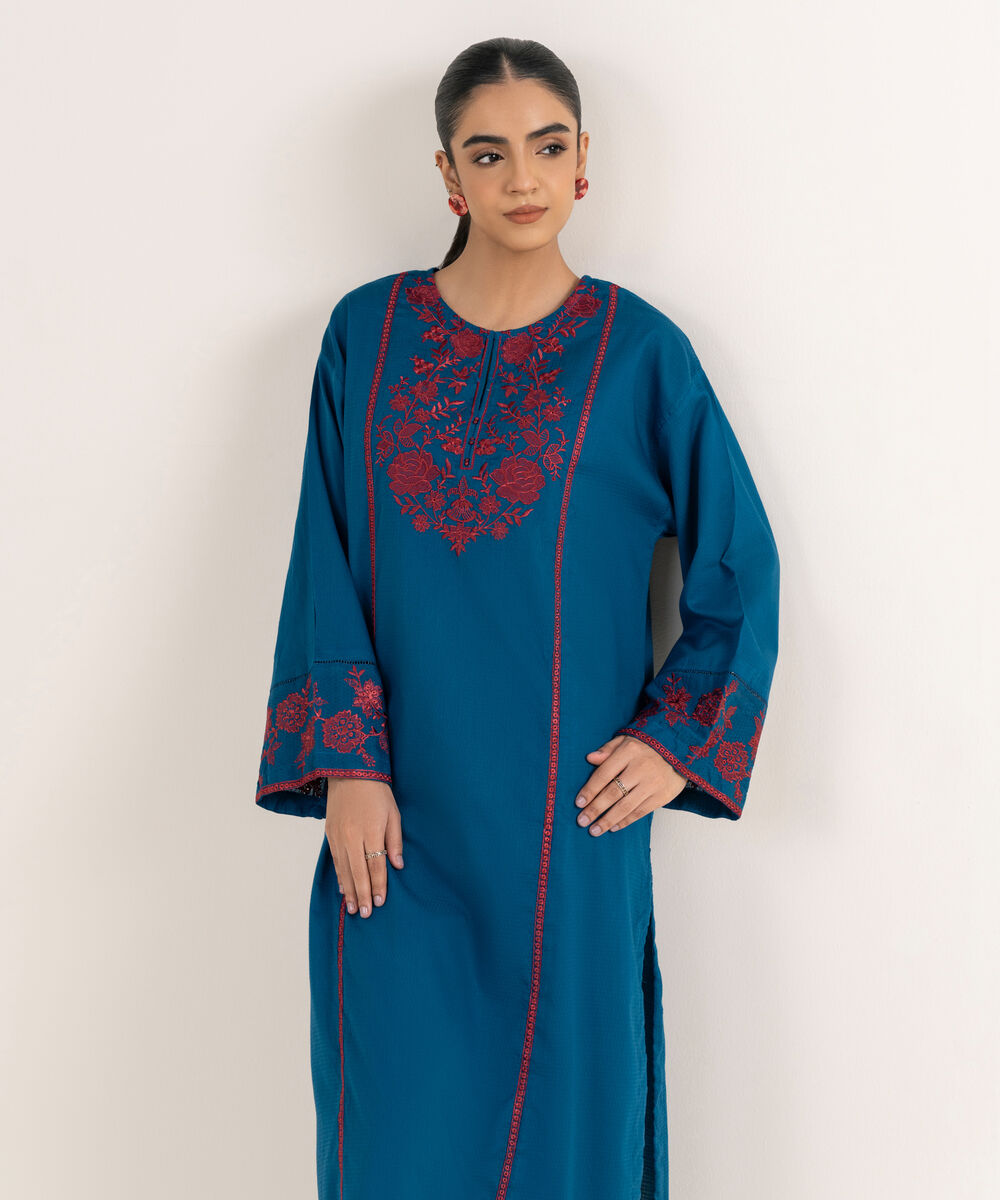 Women's RTW Textured Lawn Blue Embroidered Straight Shirt