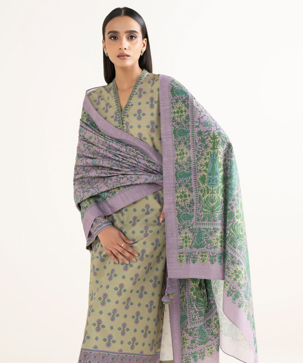 Women's Unstitched Printed Cotton Olive Green 3 Piece Suit