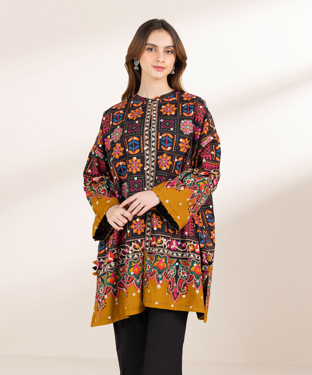 Women's Pret Cambric Black Embroidered Straight Shirt