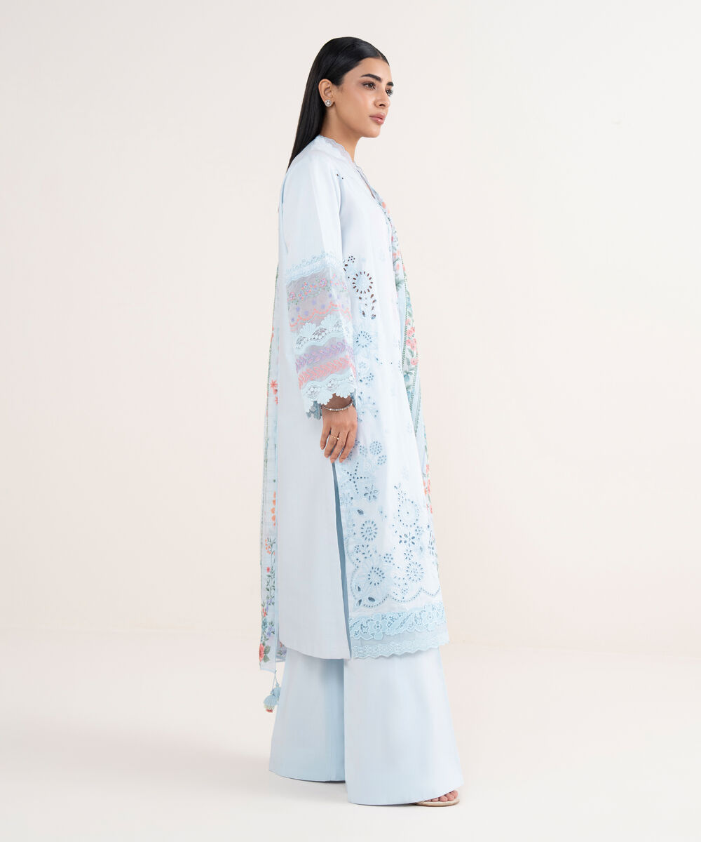 Women's Unstitched Fine Cotton Satin Embroidered Blue 3 Piece Suit