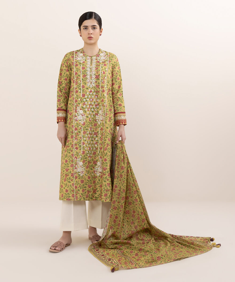 Women's Unstitched Cotton Embroidered Multi Two Piece Suit