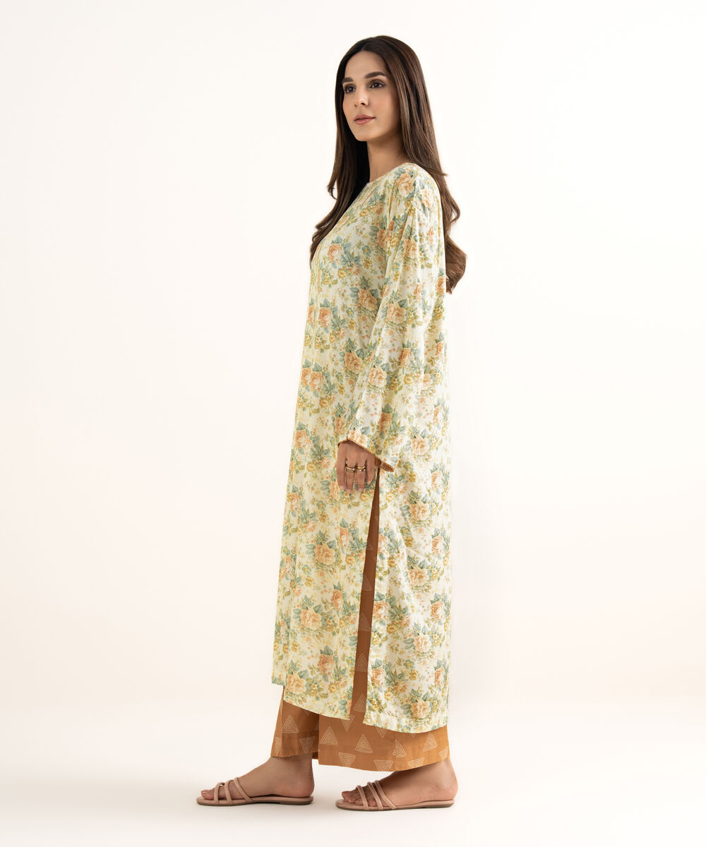 Women's RTW Arabic Lawn Yellow Printed Straight Shirt