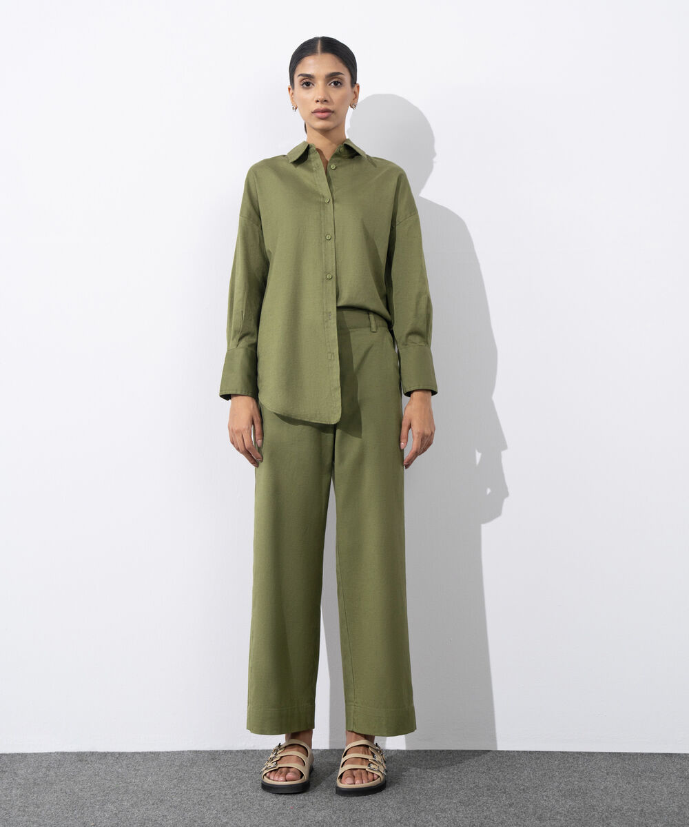 Women's Western Wear Green Straight Fit Linen Blend Trousers