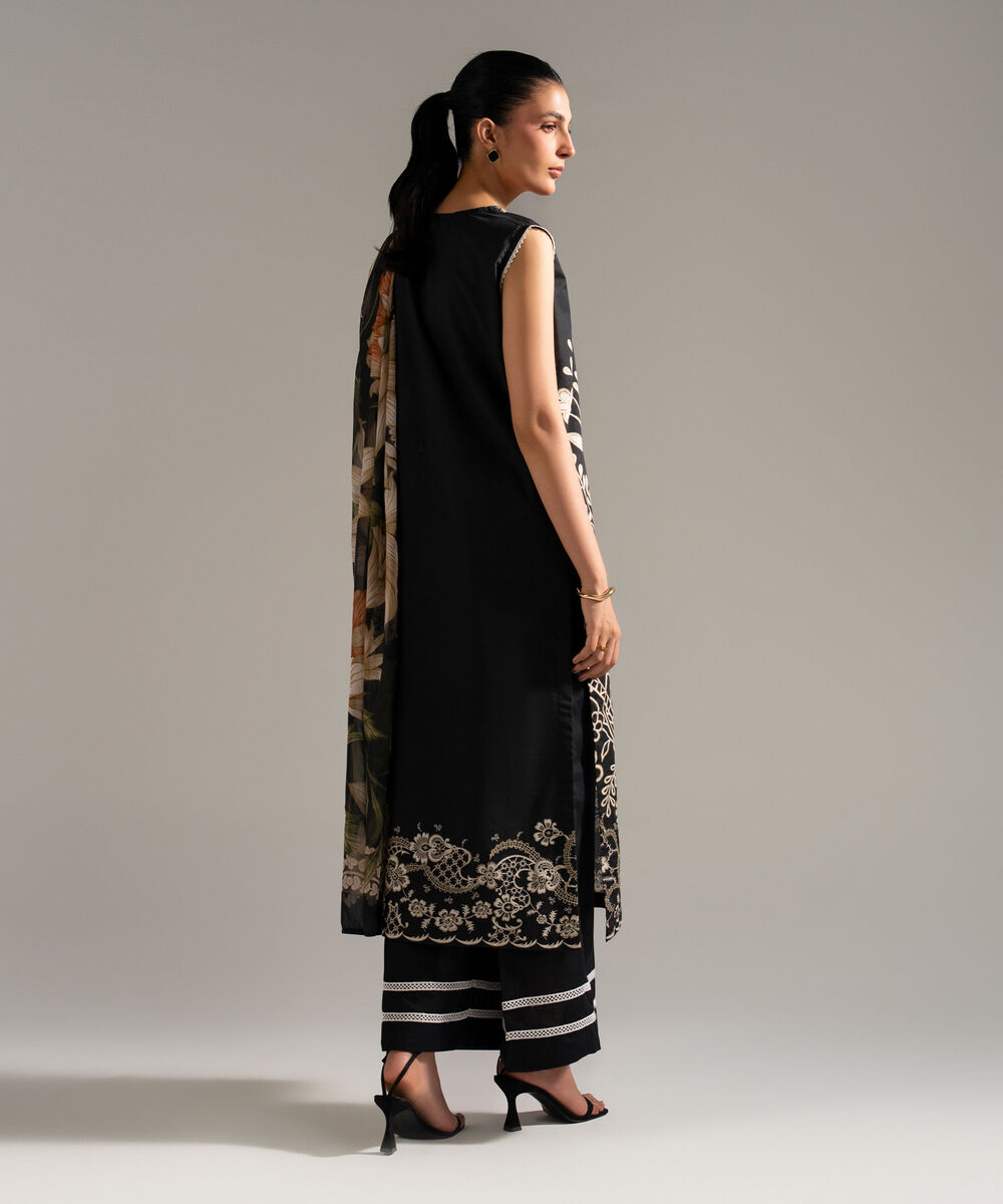 Women's RTW Slub Lawn Printed Black 3 Piece Suit