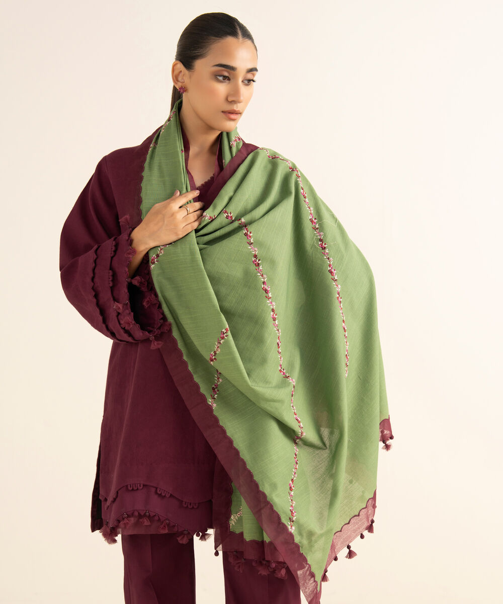 Women's Unstitched Cotton Jacquard Embroidered Red 3 Piece Suit