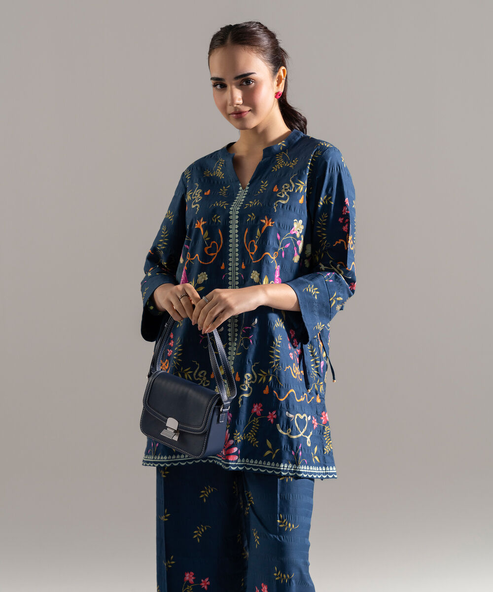 Women's RTW Seersucker Printed Blue Straight Shirt
