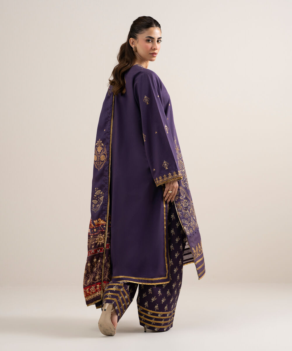 Women's Unstitched Dobby Embroidered Purple 3 Piece Suit