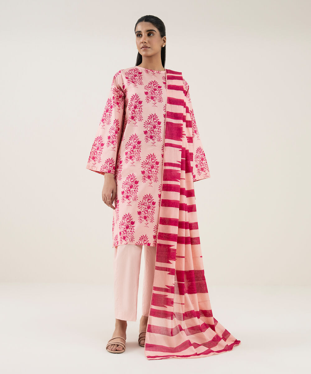 Women's Unstitched Lawn Printed Pink 3 Piece Suit