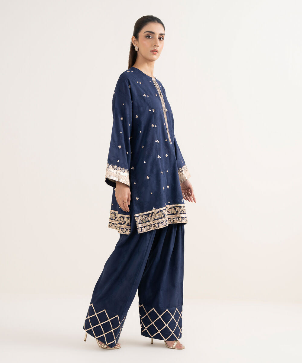 Women's RTW Self Jacquard Embroidered Straight Blue Shirt