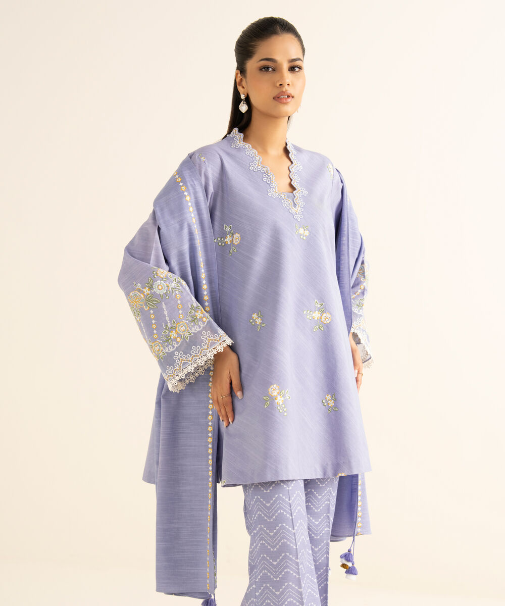 Women's Unstitched Cotton Embroidered Blue 3 Piece Suit