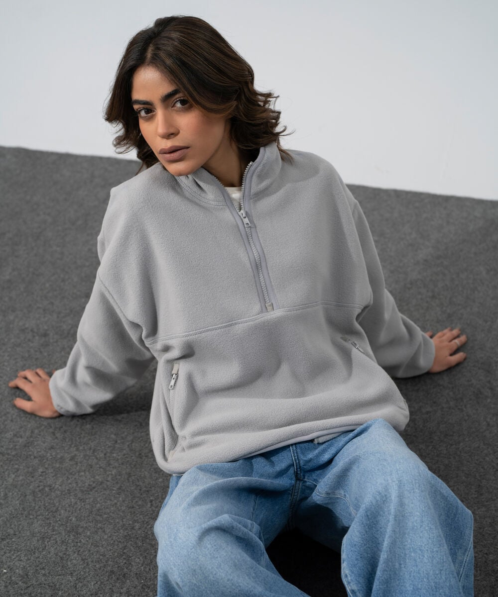 Women's Western Wear Grey Melange Polyester Quarter-Zip Fleece Sweatshirt