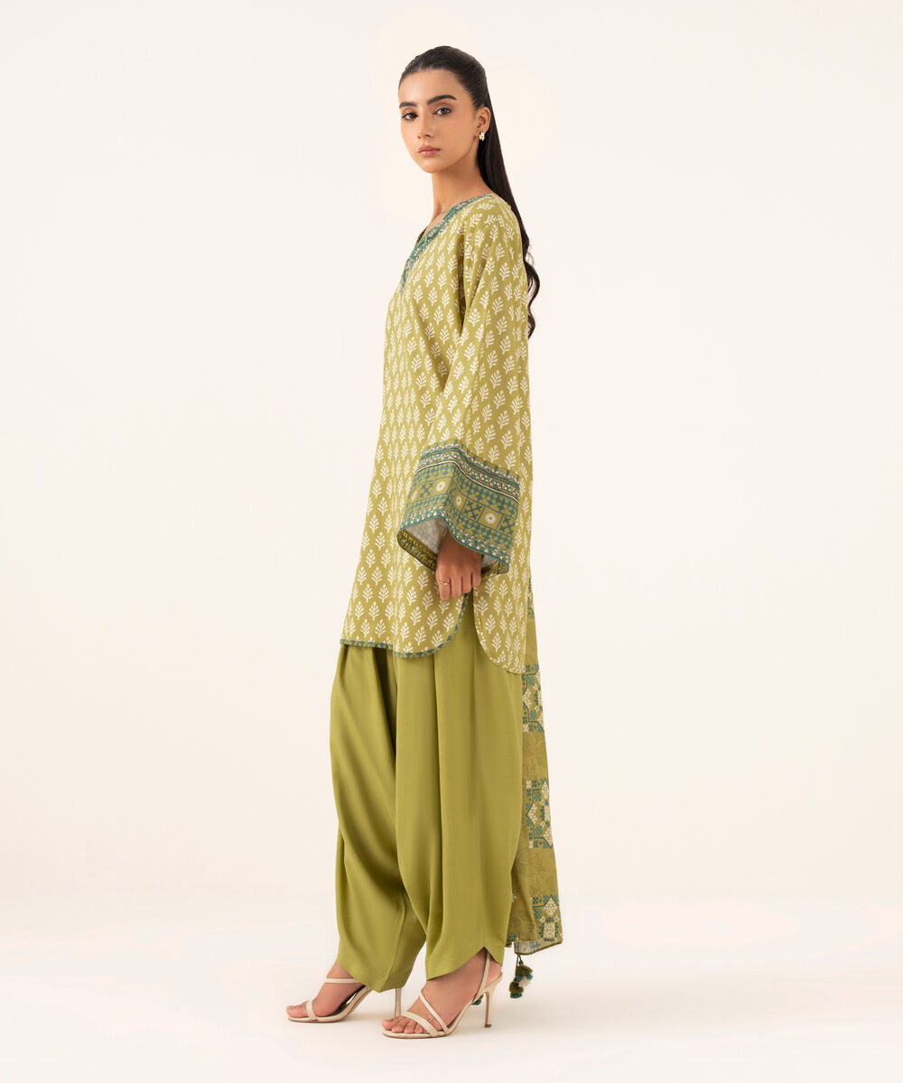 Women's Unstitched Linen Embroidered Green 3 Piece Suit