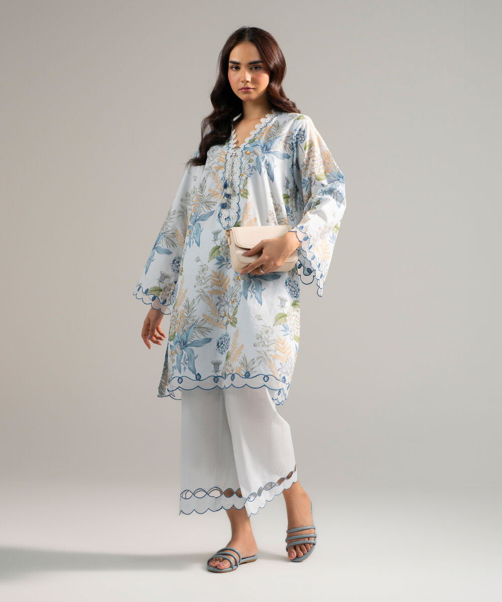 Women's RTW Slub Lawn Embroidered Light Blue 2 Piece Suit