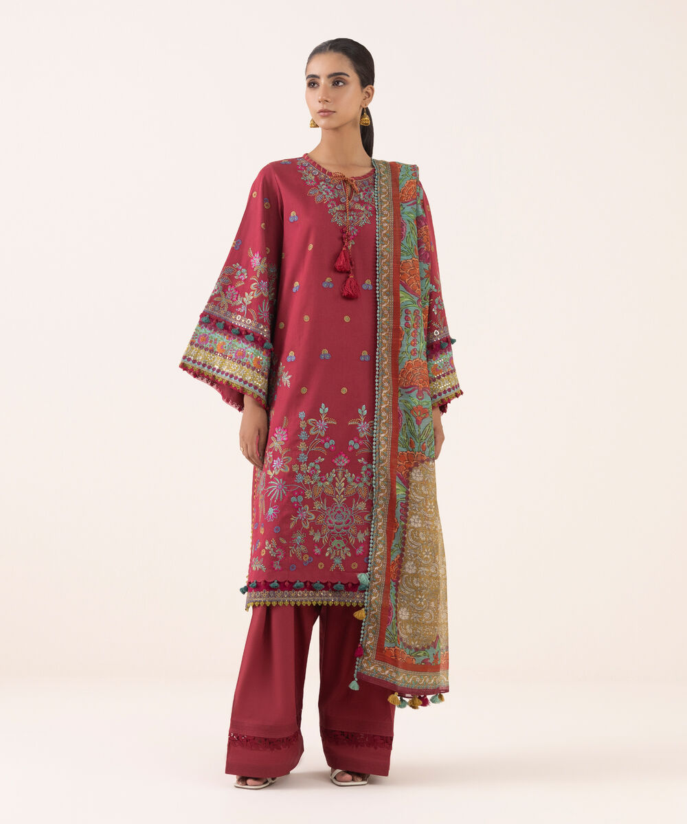 Women's Unstitched Light Cotton Satin Dyed Three Piece Suit