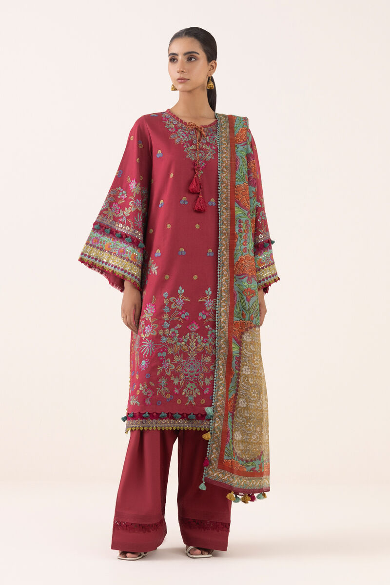 3 Piece - Embroidered Cotton Satin Suit
