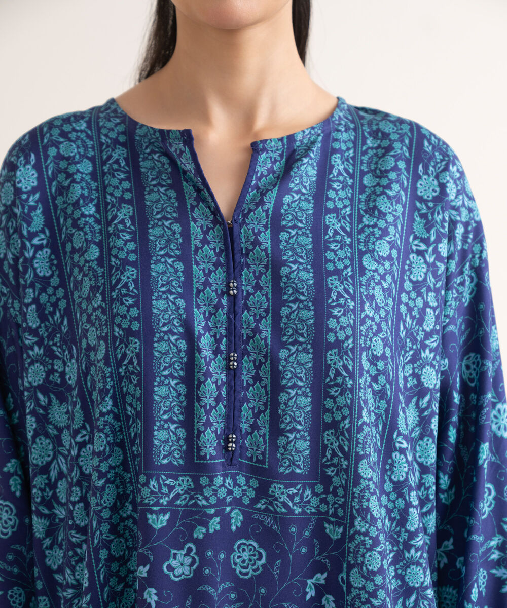 Women's RTW Viscose Linen Blue Printed Drop Shoulder Shirt