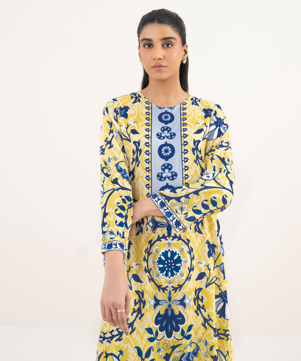 Women's RTW Arabic Lawn Lime Yellow Printed Straight Shirt