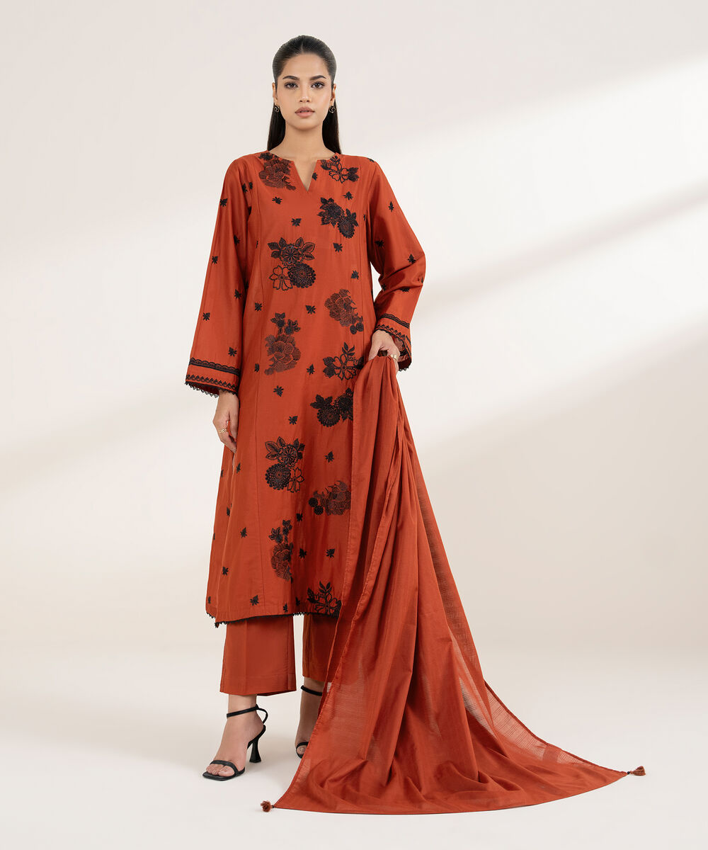 Women's RTW Lawn Orange Embroidered A-Line Shirt