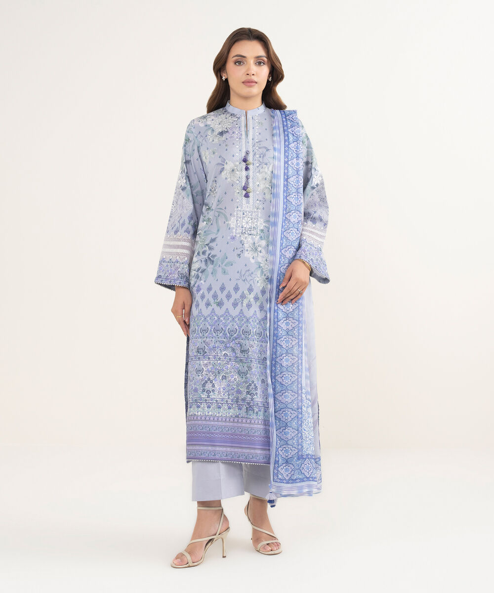 Women's Unstitched Lawn Embroidered Purple 3 Piece Suit