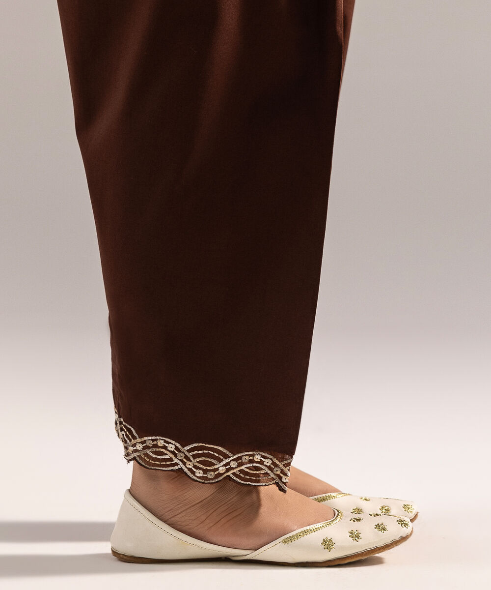 Women's RTW Cambric Embroidered Brown Shalwar