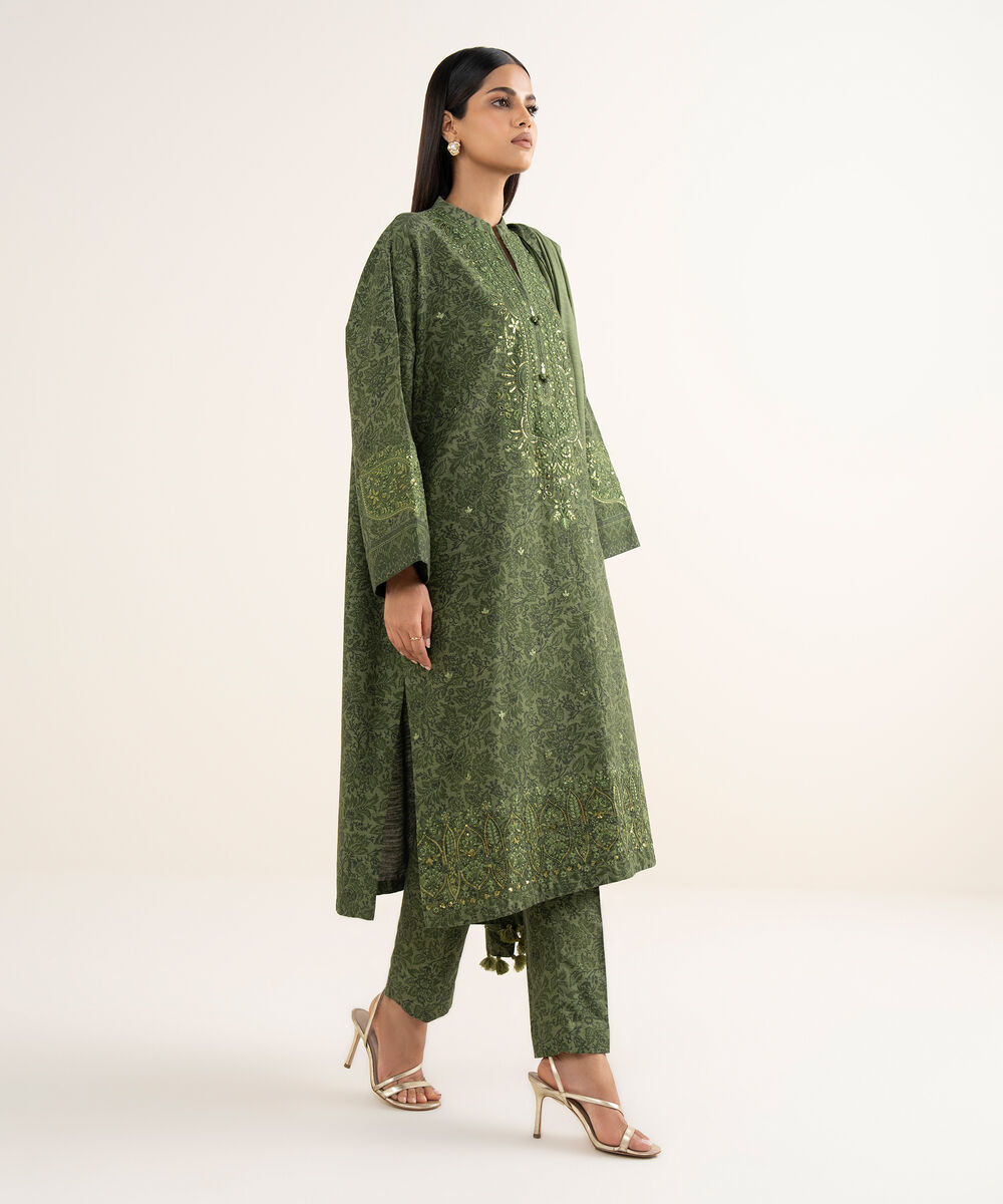 Women's Unstitched Textured Cotton Embroidered Green  3 Piece Suit