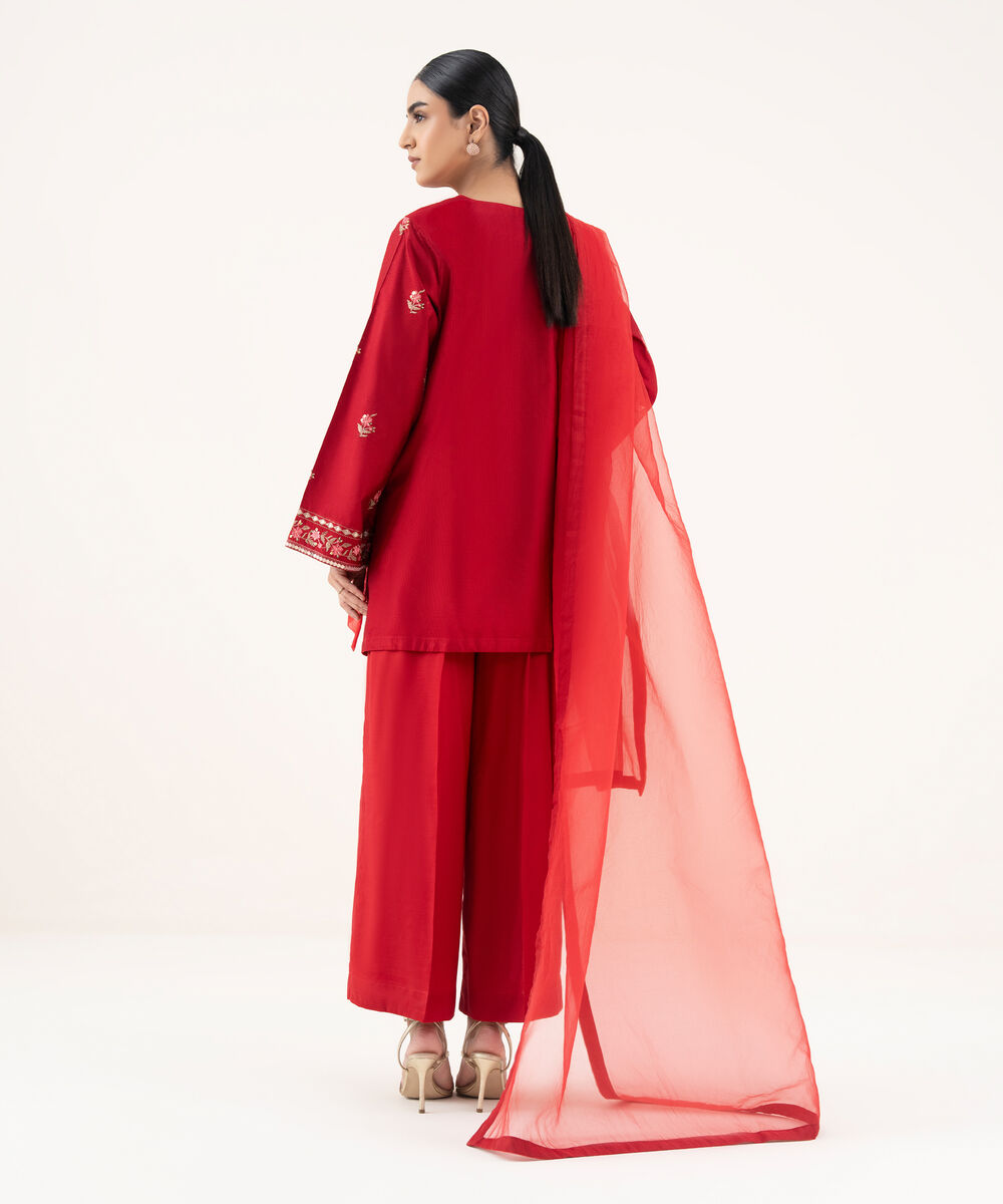 Women's RTW Silk Cotton Net Red Embroidered 3 Piece Suit