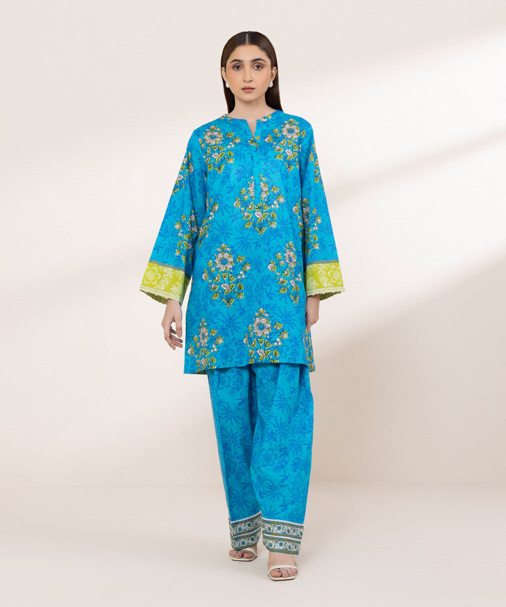 Women's RTW Textured Lawn Blue Printed A-Line Shirt