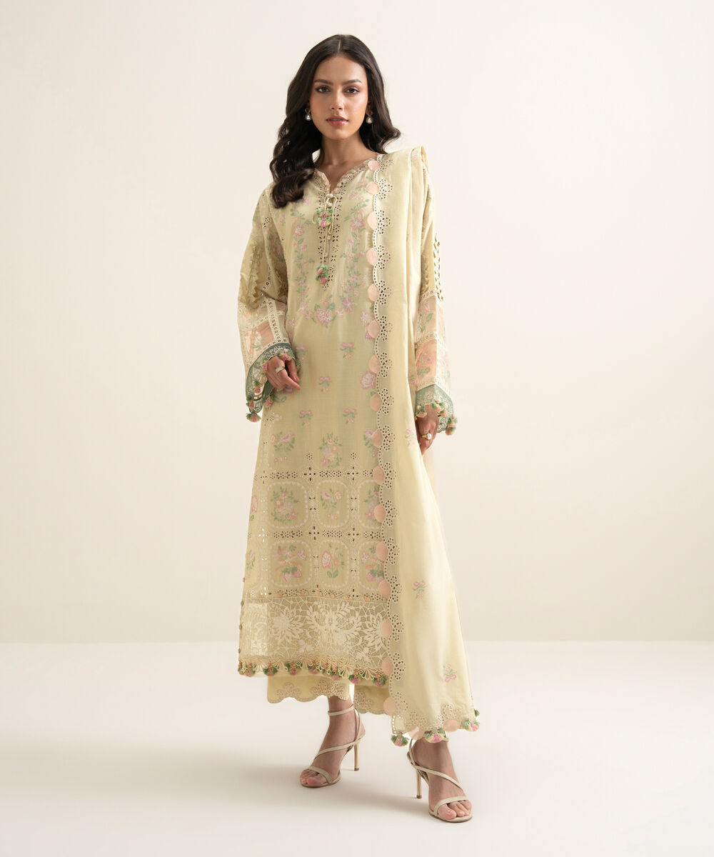 Women's Unstitched Slub Lawn Embroidered Beige 3 Piece Suit