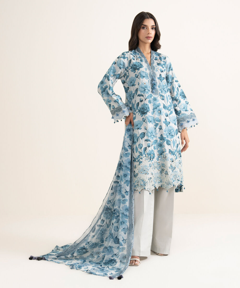 Women's Unstitched Lawn Embroidered Blue 3 Piece Suit