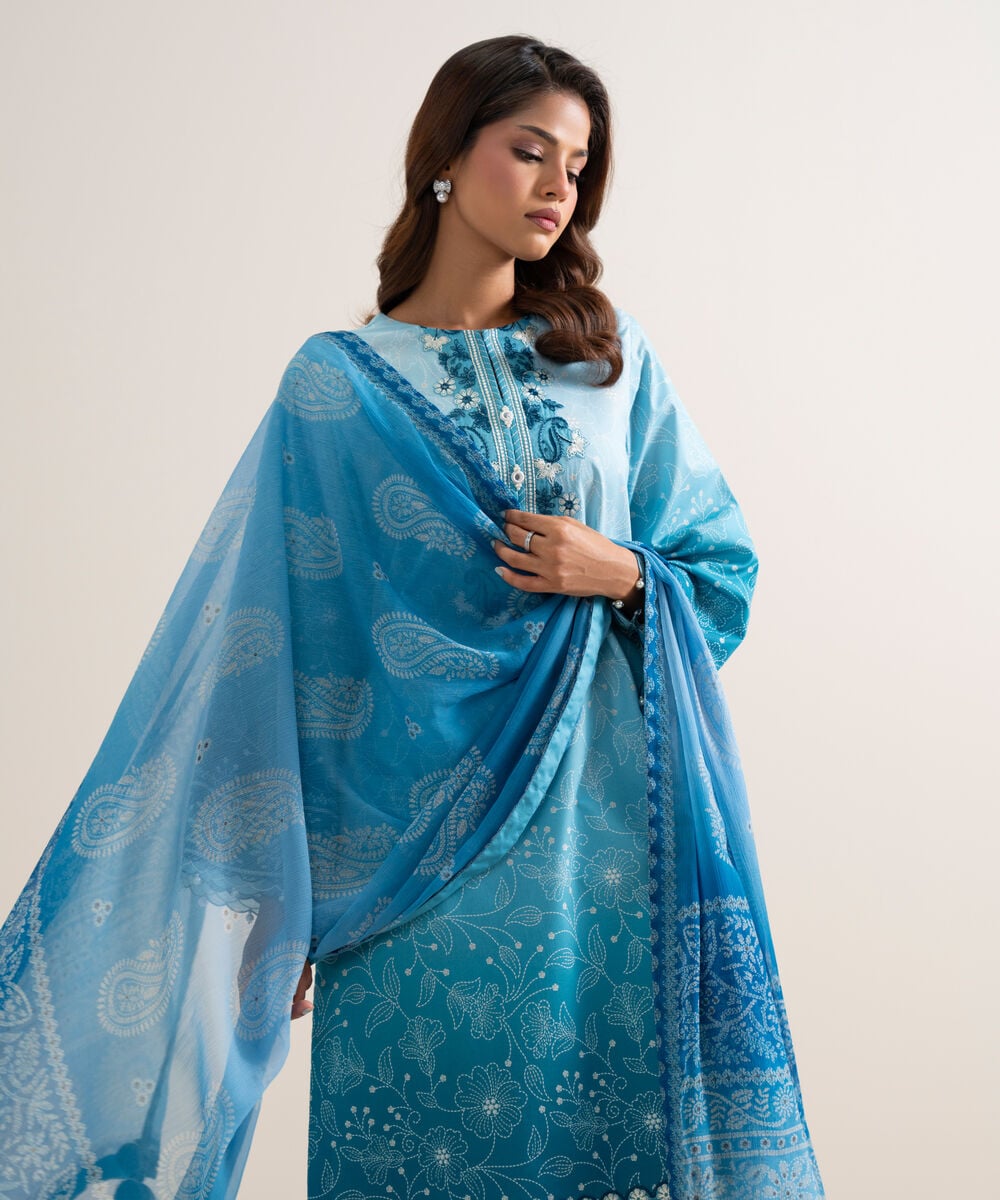 Women's Unstitched Lawn Embroidered Blue  3 Piece Suit