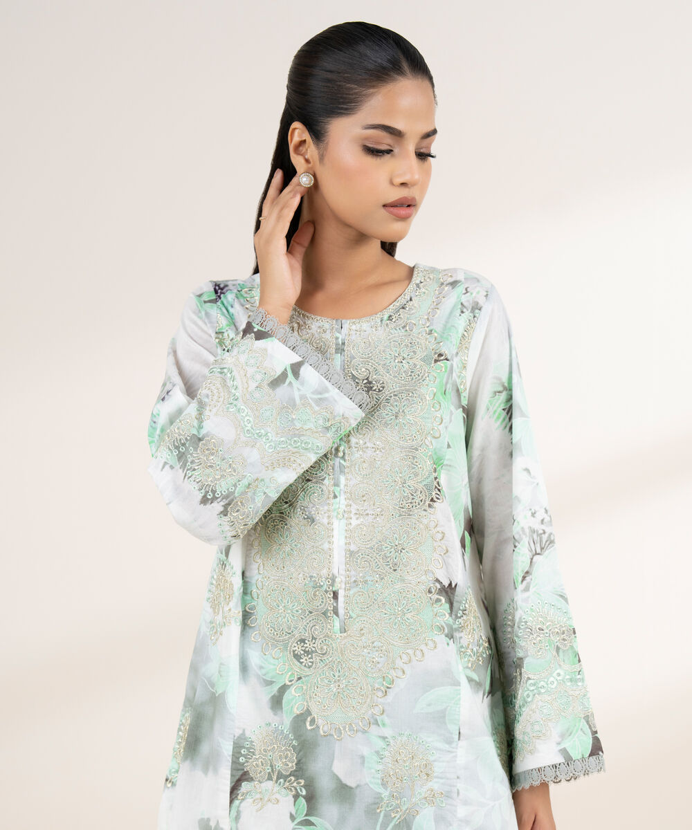 Women's RTW Lawn Green Embroidered A-Line Shirt