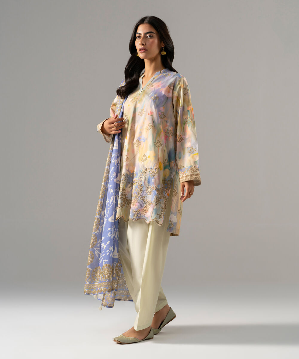 Women's RTW Cambric Embroidered Blue 3 Piece Suit