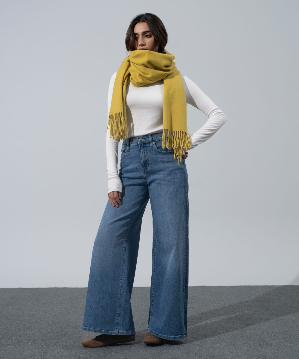 Women's Western Wear Mustard, Yellow Polyester Solid Woolen Scarf