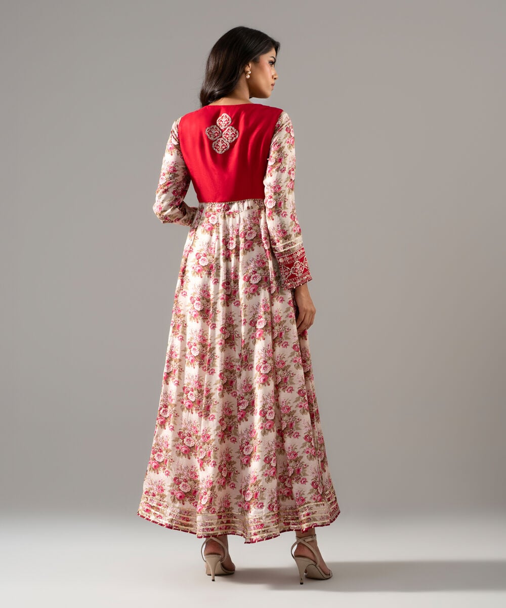 Women's RTW Bright Raw Silk Printed Off White Dress