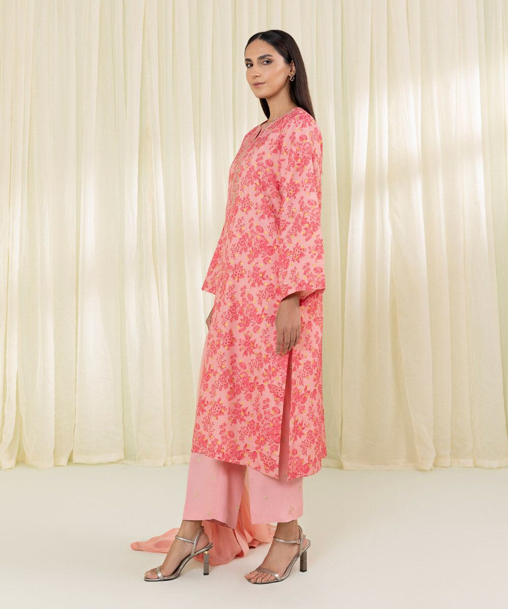 Women Pink Viscose Raw Silk 3 PC Embroidered Suit