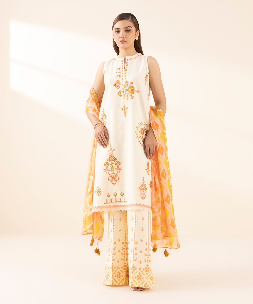 Women's Unstitched Dobby Embroidered Off White 3 Piece Suit