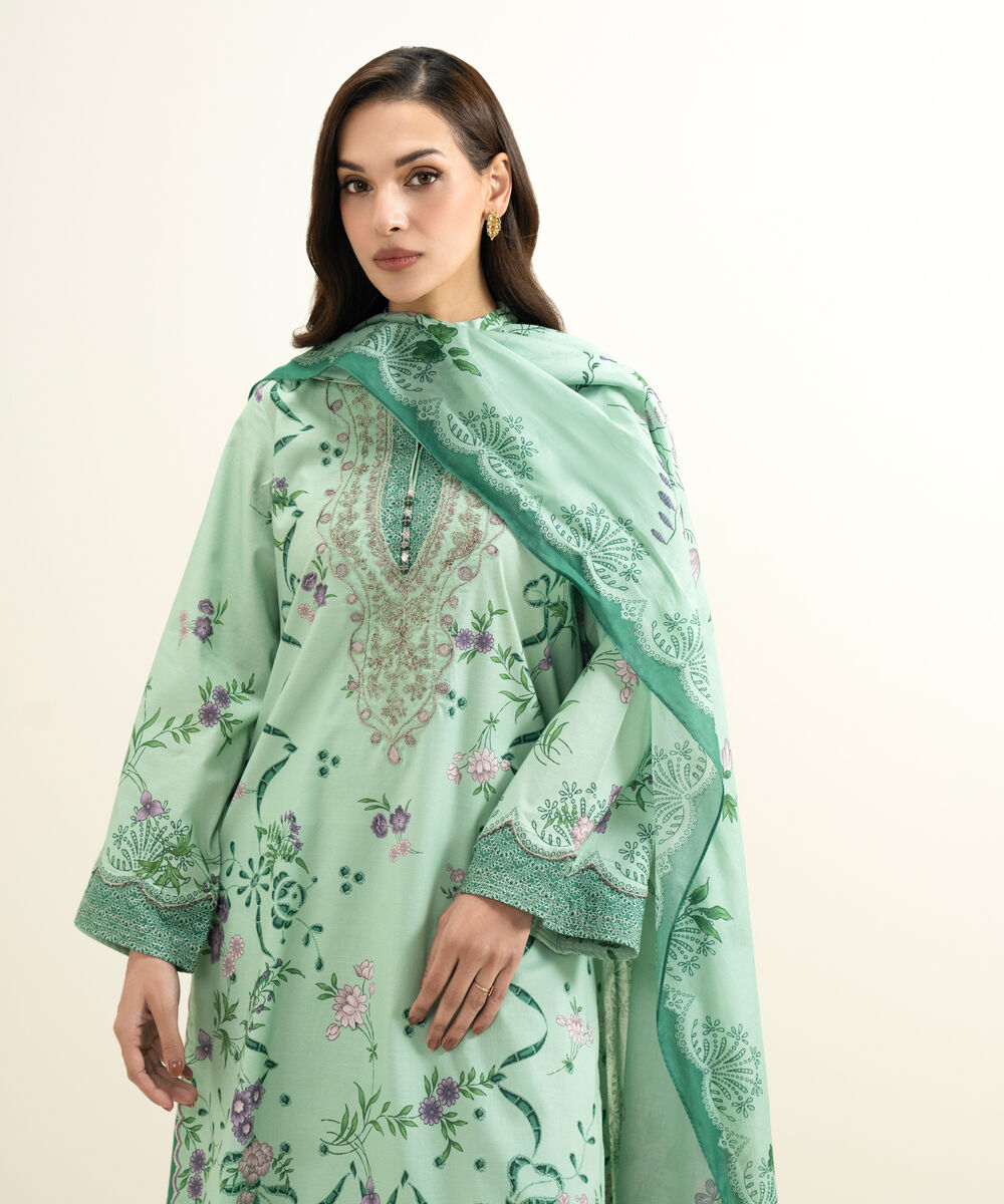 Women's Unstitched Lawn Embroidered Green 3 Piece Suit