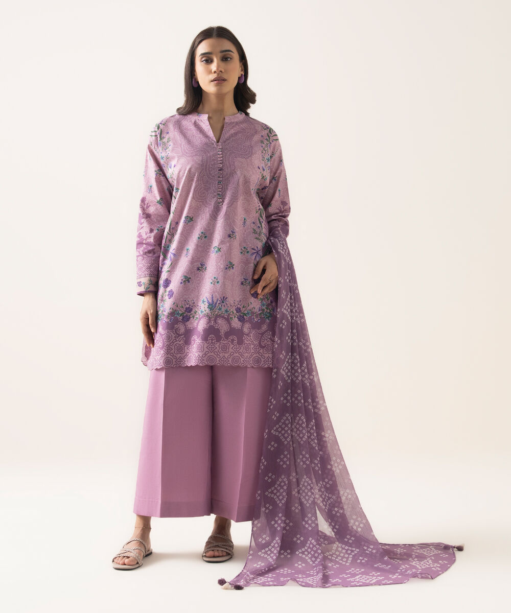Women's Unstitched Lawn Printed Purple 3 Piece Suit