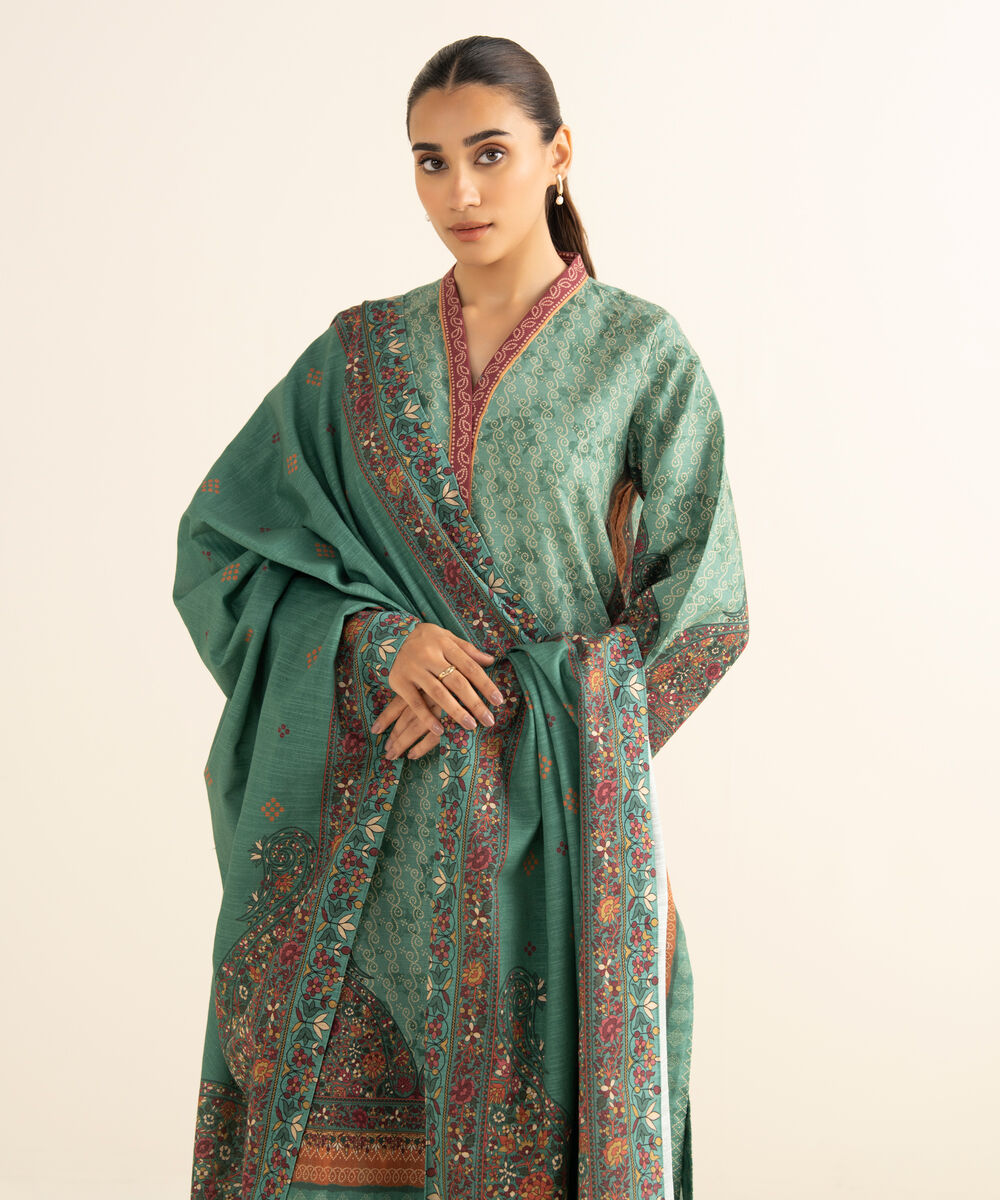 Women's Unstitched Khaddar Printed Green 3 Piece Suit