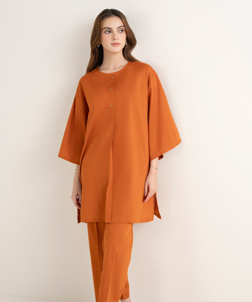 Women's RTW Handwoven Dobby Solid Boxy Orange Shirt